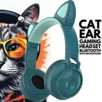 Audífonos Bluetooth con Micrófono Orejas Gato Luz LED - VERDE