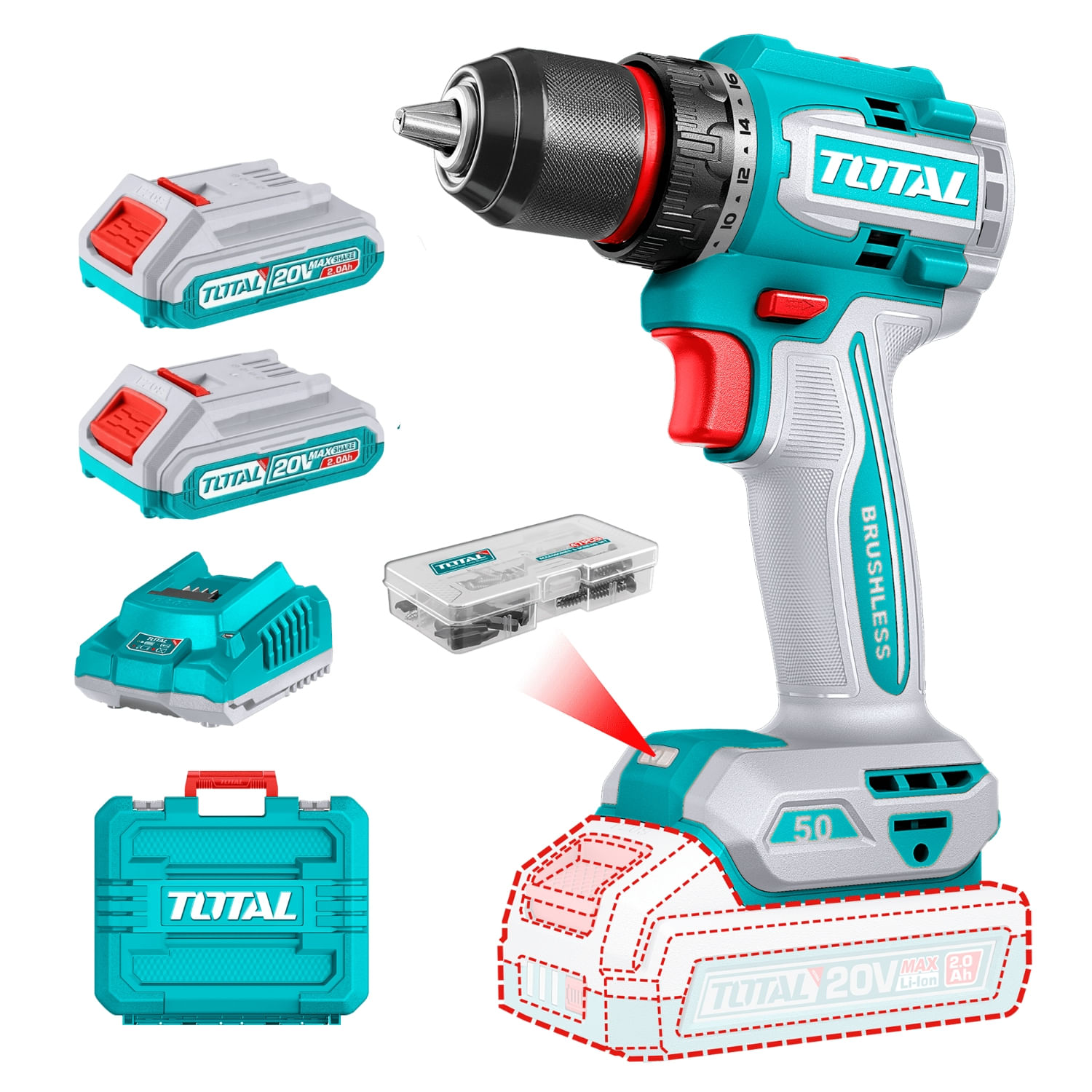 Taladro Atornillador 50nm + 2 Baterias 2ah + Cargador Total TDLI205062