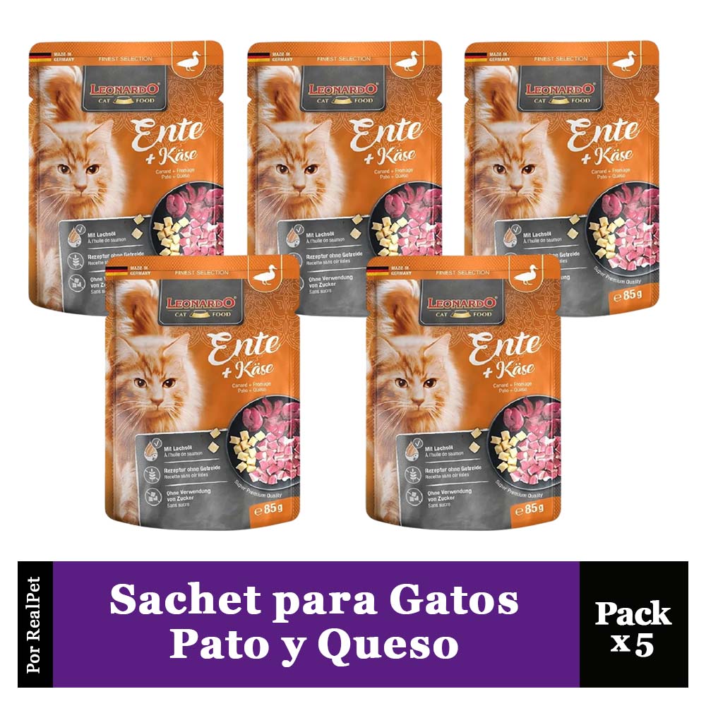 Pack x5 Sachet para Gato Leonardo sabor Pato y Queso 85 gr