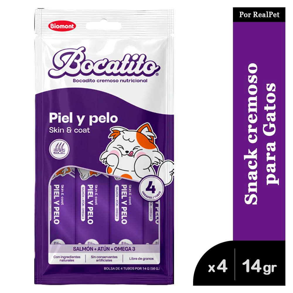 Snack Cremoso Gato Bocatito Piel y Pelo 4 tubos 56g