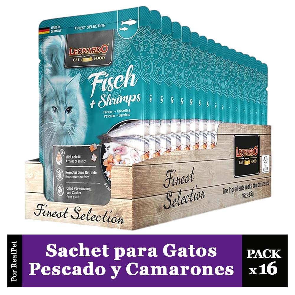 Pack x16 Sachet para Gato Leonardo Pescado y Camarones 85 gr