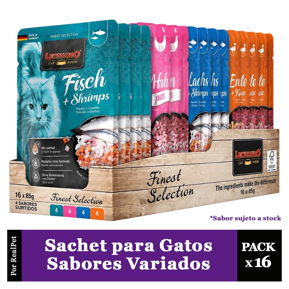 Pack x16 Sachet para Gato Leonardo Sabores Variados 85 gr