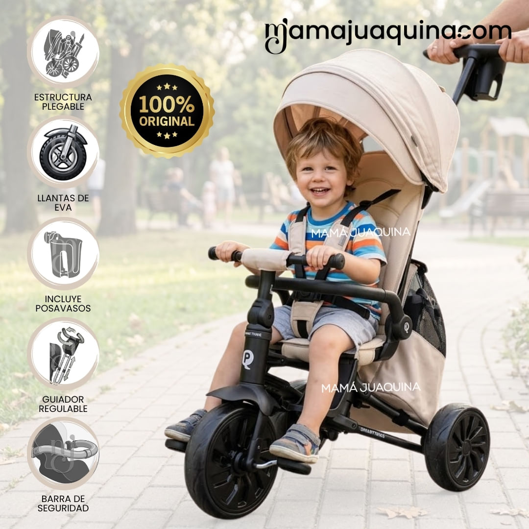 Triciclo Guiador Plegable «JEAN MAX» para Niños con Bolso Beige