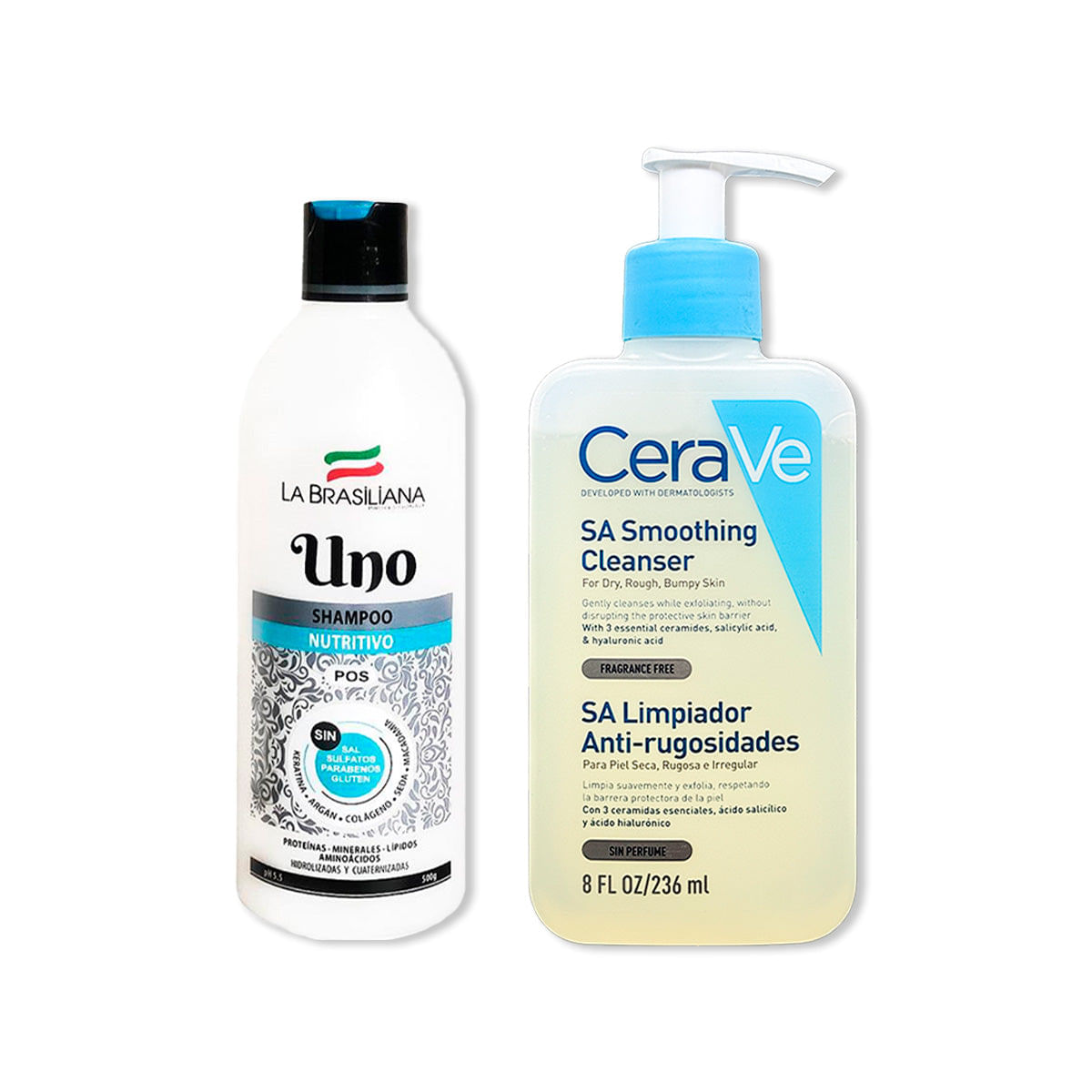 Shampo Uno- Pos 500gr - La Brasiliana+CeraVe Limpiador Suavizante SA Smoothing Cleanser 236ml