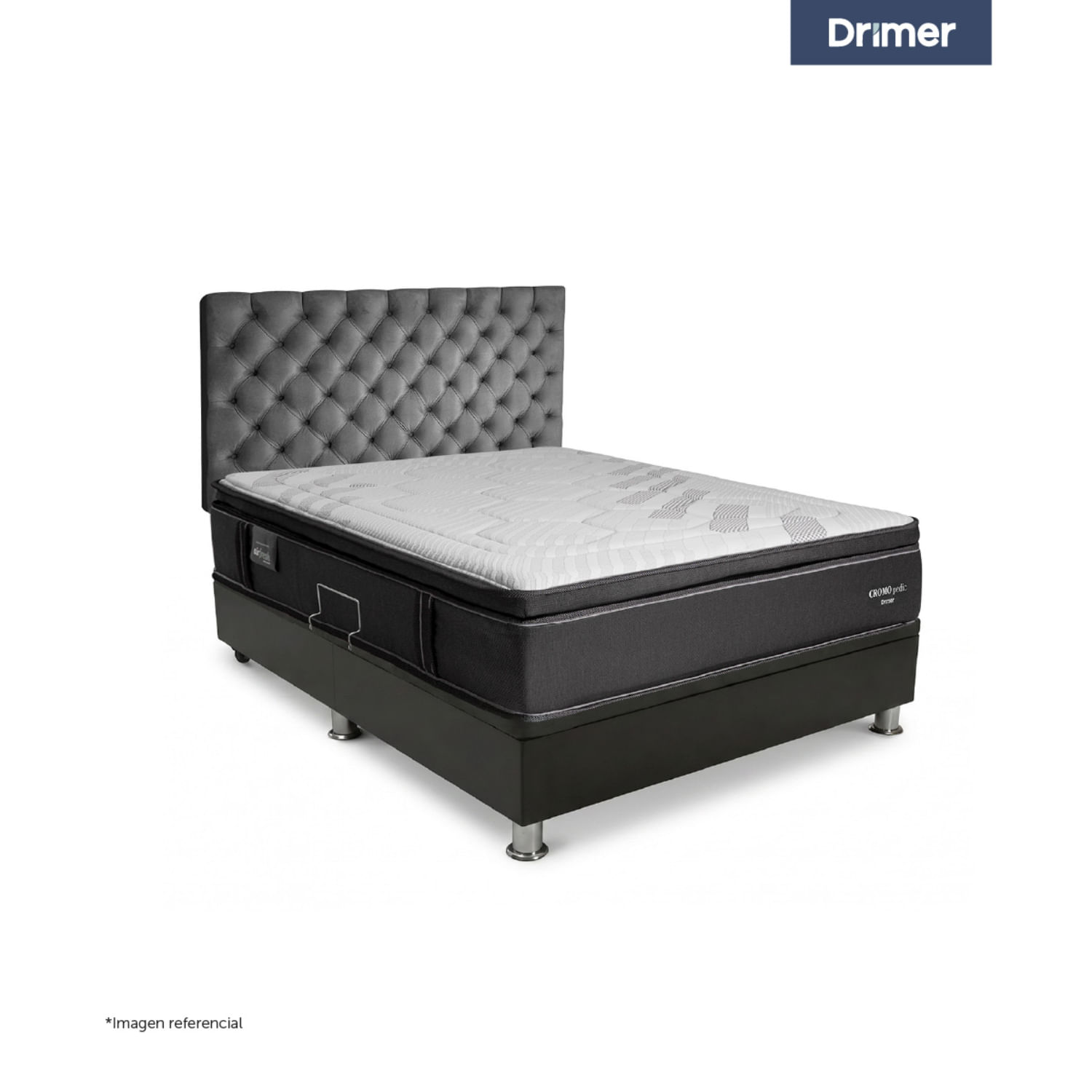 Dormitorio Praktibox Laqueado Cromopedic Queen Capitone Gris Plata