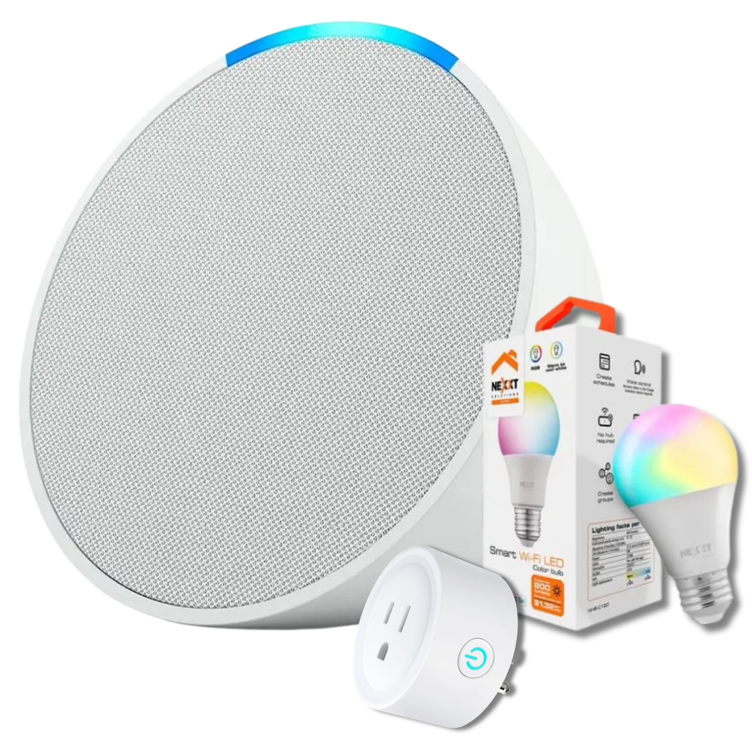 Amazon Alexa Echo Pop Blanco + Foco inteligente Nexxt + Enchufe inteligente