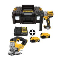 COMBO Dewalt: Taladro Percutor DCD996P2T-B2 20v-3v Brushless + Sierra Caladora Modelo DCS331B 20V Inalámbrica Amarilla + 2 Bateria 5Ah + Maleta Tstack