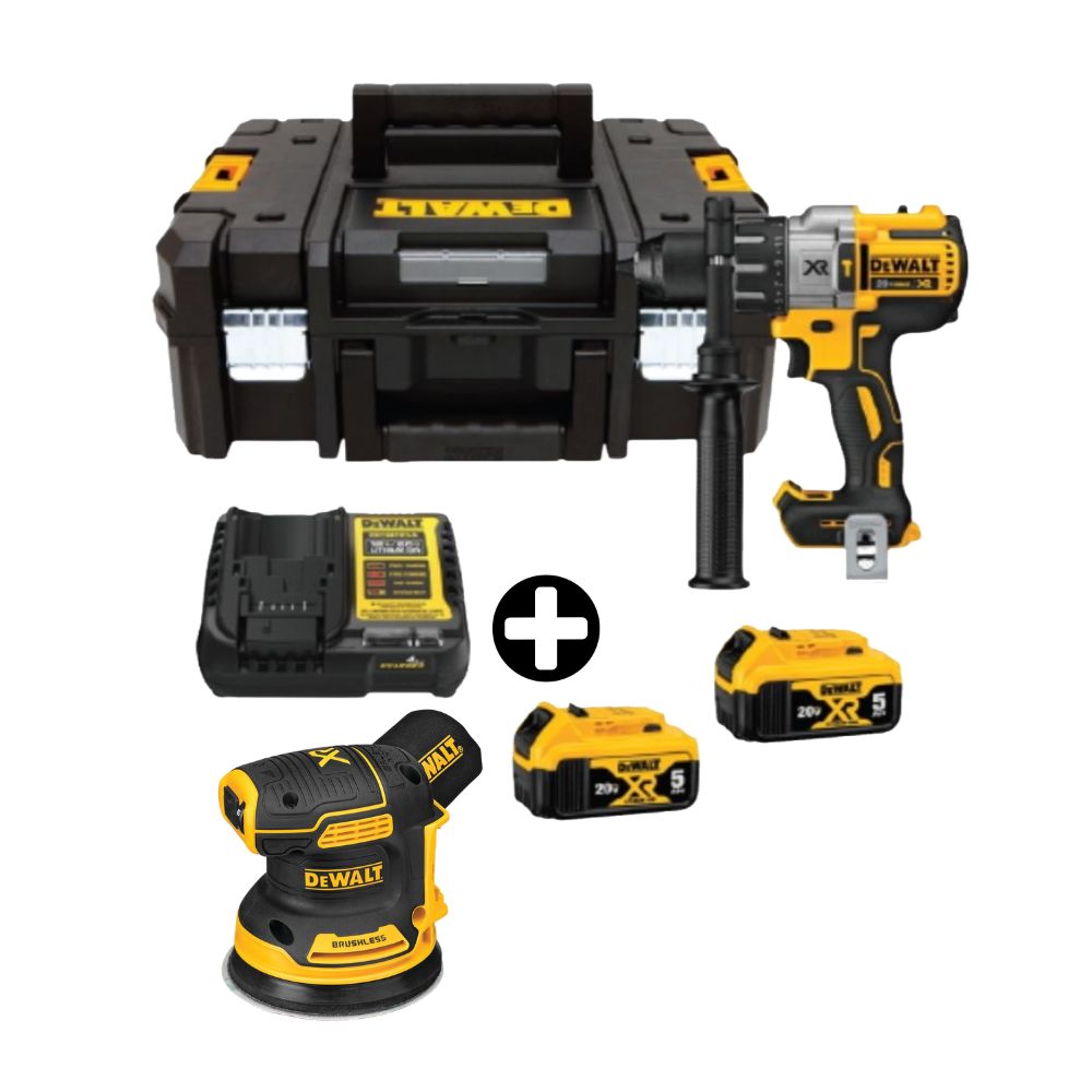 COMBO Dewalt: Taladro Percutor DCD996P2T-B2 20v-3v Brushless + Lijadora Roto Orbital 5"" 20V BRUSHLESS DCW210B + 2 Bateria 5Ah + Maleta Tstack