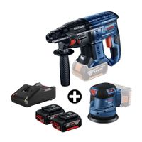 COMBO Bosch: Rotomartillo inalámbrico 18V GBH 180-LI Brushless + Lijadora orbital Gex 185-Li + 2 Baterías 18v 4ah + Cargador Bivolt