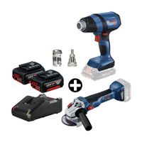 COMBO Bosch: Pistola de calor inalámbrico Ghg 18v-50 + Amoladora angular GWS 18V-10 + 2 Baterías 18v 4ah + Cargador Bivolt