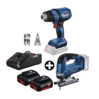 COMBO Bosch: Pistola de calor inalámbrico Ghg 18v-50 + Sierra caladora 18v Gst 185-li + 2 Baterías 18v 4ah + Cargador Bivolt
