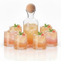 Set Jarra De Vidrio Más 6 Vasos Con Tapa De Madera