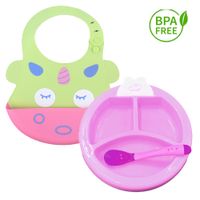 Pack Babero Unicornio y Set Plato Termico Fucsia para bebe