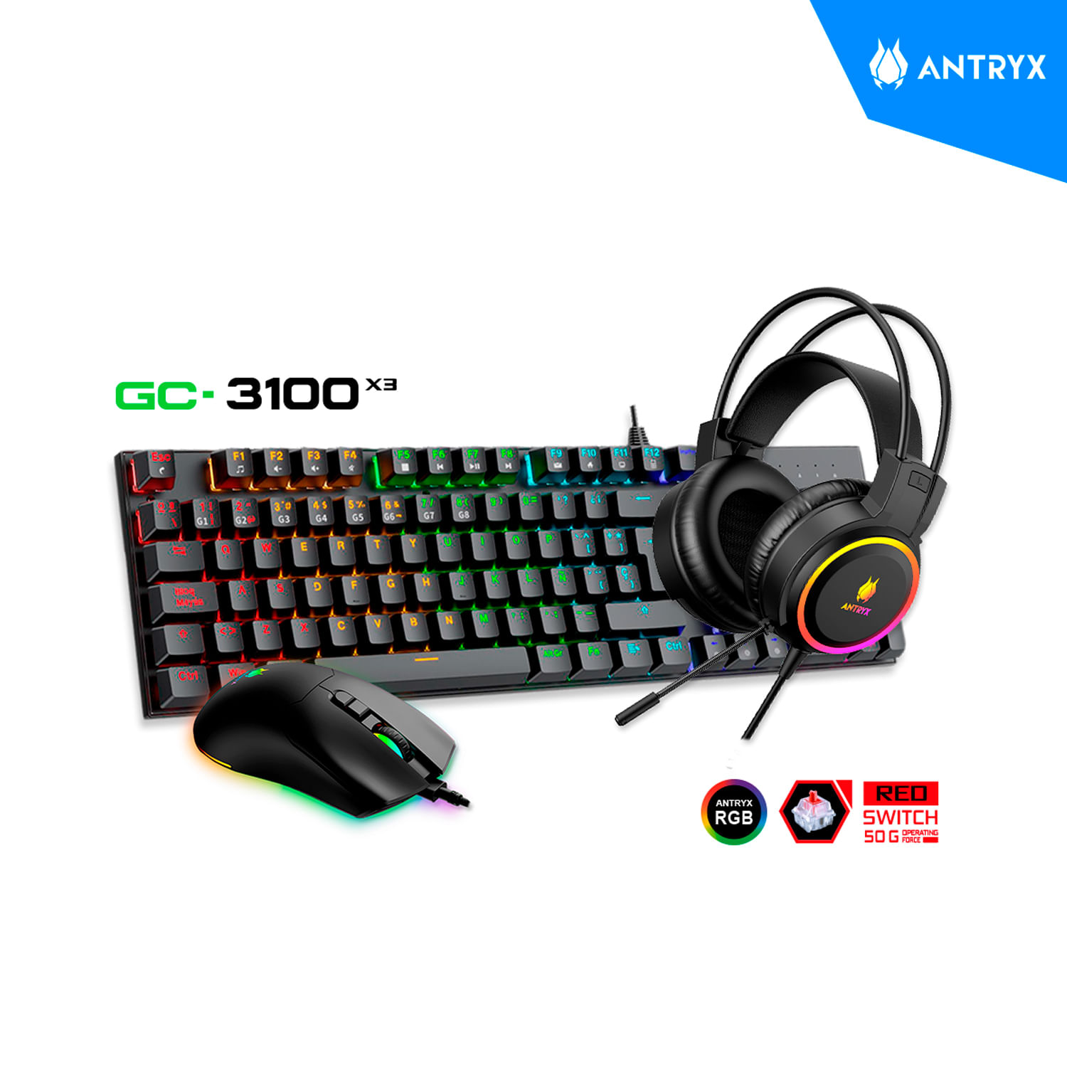 KIT ANTRYX GAMING AUDIFONO + TECLADO + MOUSE GC-3100 X3 BLACK RED SWITCH