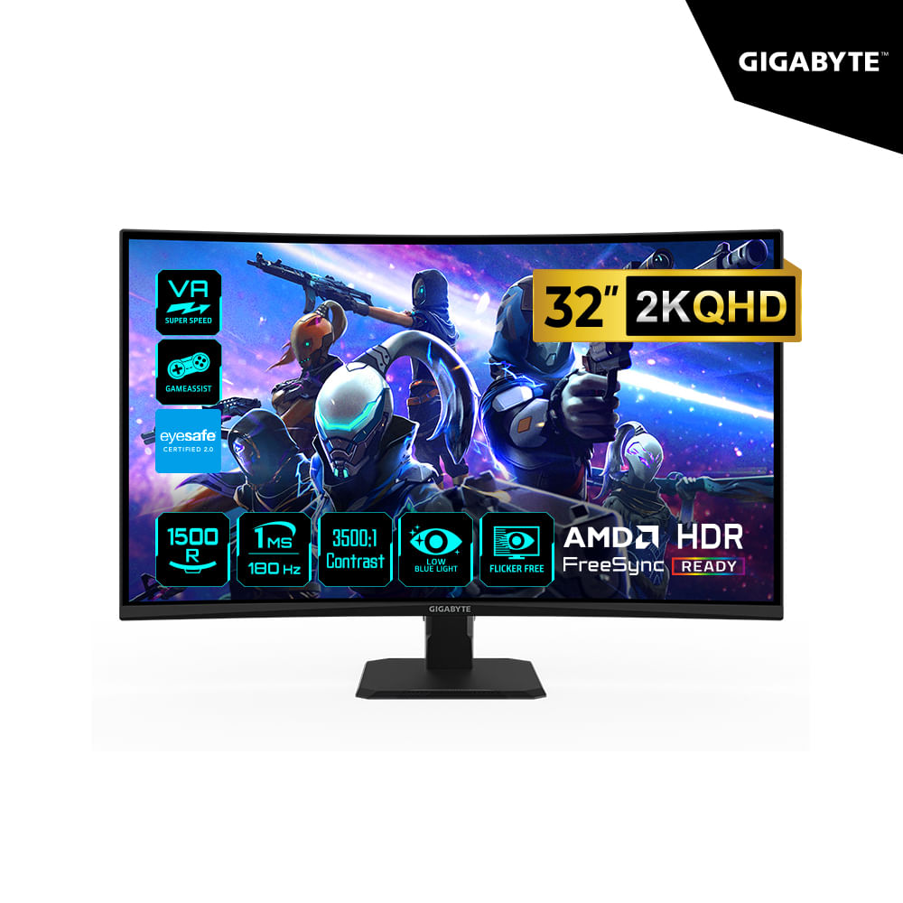 MONITOR GAMING GIGABYTE 32 GB GS32QCA VA Curvo 1500R 2K (QHD) 2560 x 1440 180Hz, 1Ms HDMI DP FreeSyn