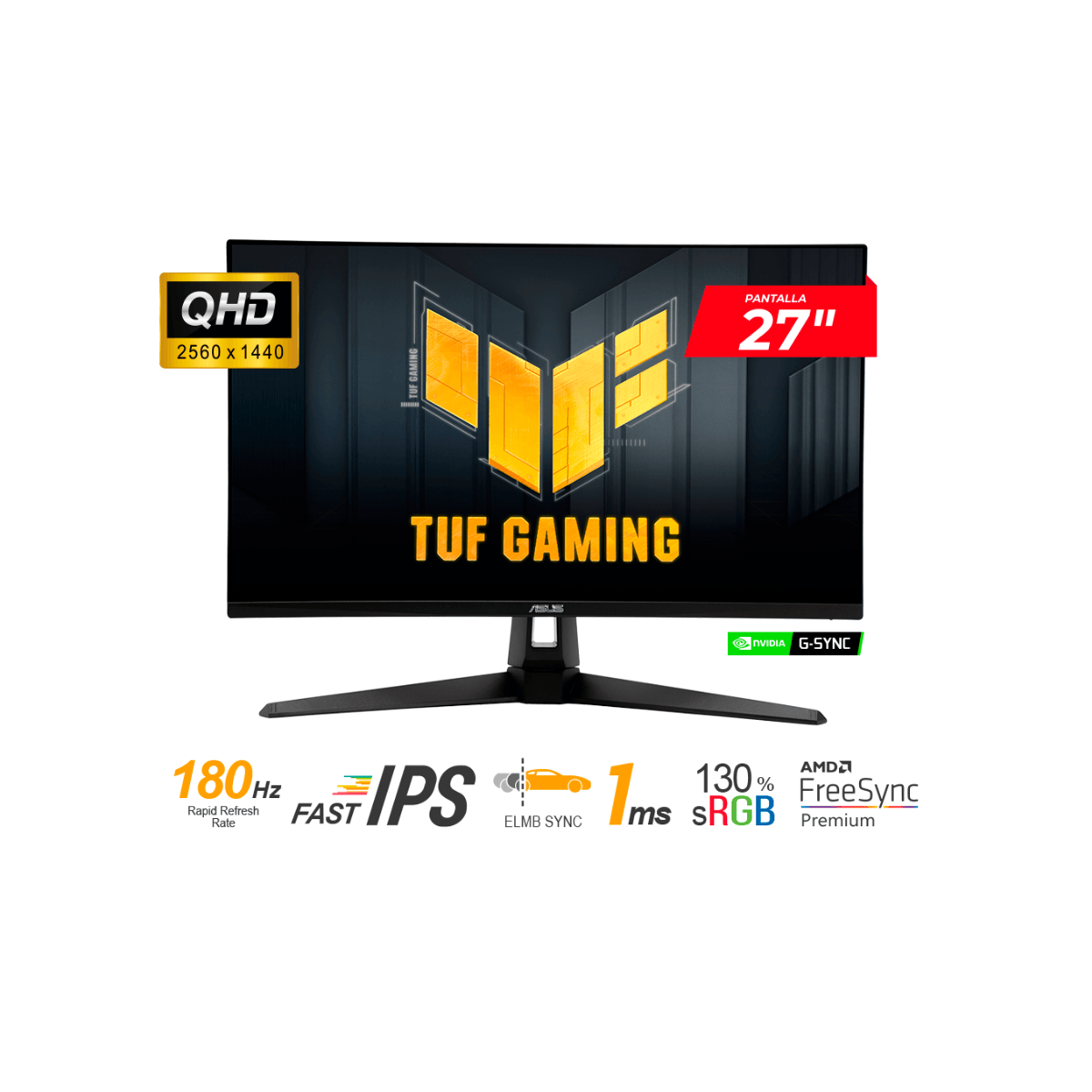 MONITOR ASUS TUF GAMING VG27AQ3A 27"" FAST IPS QHD 2560x1440 180Hz 1ms HDMI DP G-Sync, FreeSync