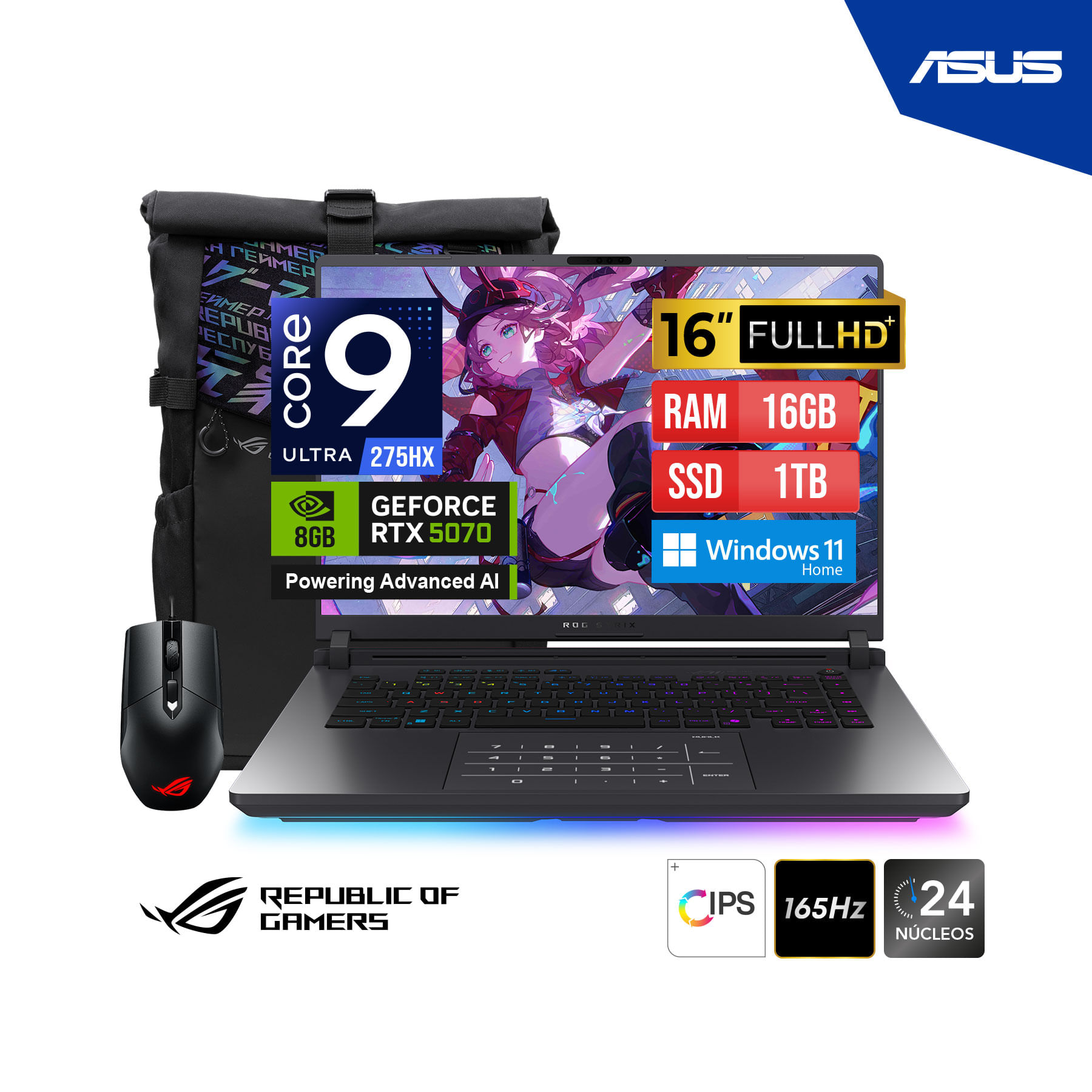 LAPTOP ASUS ROG STRIX G615LP-RV019W G16 ULTRA 9 275HX 1TB SSD 16GB RTX5070 8GB MOCHILA-MOUSE