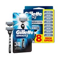 Pack GILLETTE: Máquina de Afeitar Mach3 + Repuesto Paquete 2un + Repuestos para Máquina de Afeitar para Mach3 con 3 Hojas Blíster 8un