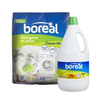 Pack BOREAL: Detergente en Polvo Frescura Cítrica Bolsa 4Kg + Lejía Limón Botella 2000g