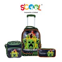 Set Mochila De Ruedas + Lonchera + Cartuchera Magic Grande Escaladora Minecraft