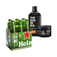 Pack Shampoo THE BARBERIA 4 en 1 Force Energy 300ml + Gel para Cabello THE BARBERIA Máxima Fijación Frasco 220ml + Cerveza HEINEKEN Botella 330ml Pack