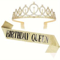 Set tiara y banda cumpleaños escarchada Birthday Queen dorado