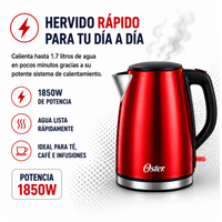 Hervidor Eléctrico Oster BVSTKT673CR 1.7 Litros Acero Inoxidable Rojo Base 360° Apagado Automático