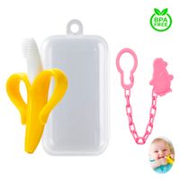 Mordedor Banana Amarillo Con Cadena Baby Froggie Pingüino Rosado Para Bebe