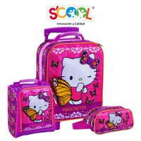 Set Mochila De Ruedas + Lonchera + Cartuchera Magic Grande Tela Hello Kitty_A