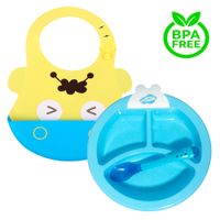 Pack Babero Hipo y Set Plato Termico Celeste para bebe