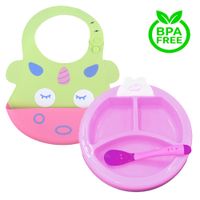 Pack Babero Unicornio y Set Plato Termico Fucsia para bebe