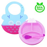 Pack Babero Buho y Set Plato Termico Fucsia para bebe