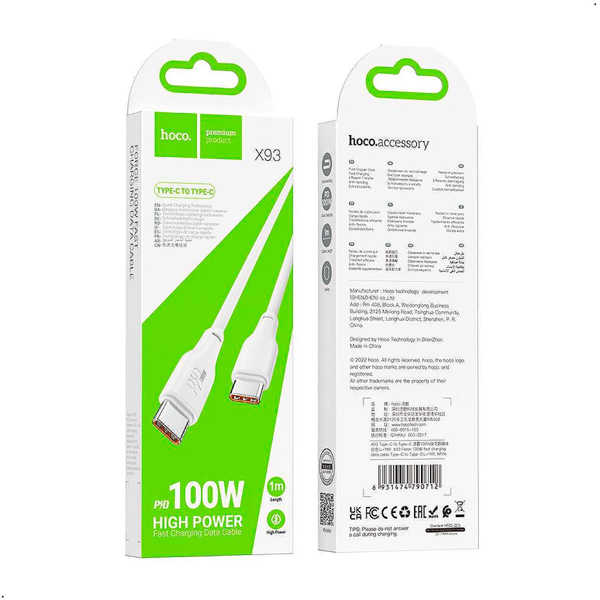 Cable Hoco X93 Carga Rapida Usb Tipo C A Tipo C Force 100w