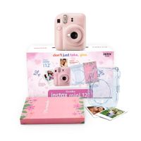 Cámara Instax Fujifilm Mini 12 rosa flor + Pack 10 + estuche + álbum, instantánea con modo selfie y diseño compacto