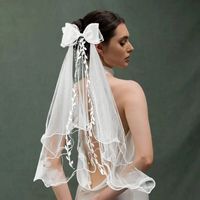 Velo largo de 2 capas con lazo para novia despedida de soltera Bride diseño hojas y perlitas