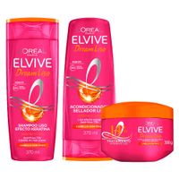 Pack ELVIVE: Shampoo Dream Liso Frasco 370ml + Acondicionador Dream Cabello Liso Botella 370ml + Tratamiento Capilar Dream Liso Pote 300g