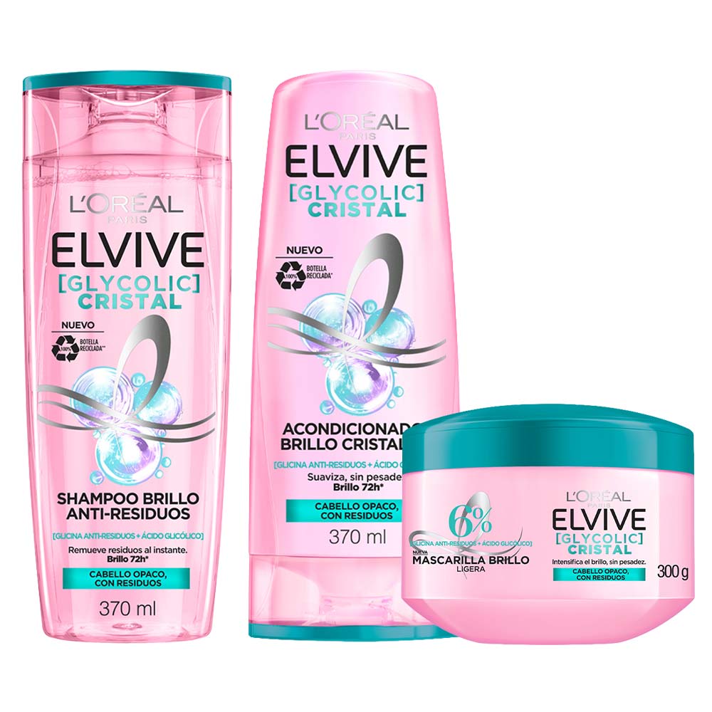 Pack ELVIVE: Shampoo Glycolic Crystal 370ml + Acondicionador Glycolic Crystal 370ml + Tratamiento para Cabello Glycolic Crystal 300g