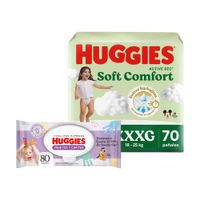Pack HUGGIES: Pañales para Bebé Active Sec XXXG Paquete 70un + Toallitas Húmedas Manitos y Carita Desechables Paquete 80un