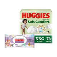 Pack HUGGIES: Pañales para Bebé Active Sec XXG Paquete 74un + Toallitas Húmedas Manitos y Carita Desechables Paquete 80un