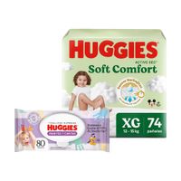Pack HUGGIES: Pañales para Bebé Active Sec XG Paquete 74un + Toallitas Húmedas Manitos y Carita Desechables Paquete 80un