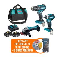 Combo Inalámbrico Makita: Taladro Percutor 1/2 + Atornillador 1/4 + Amoladora Angular + 2 Baterias + Cargador + Set de Brocas + 10 Discos Makita