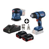 COMBO Bosch: Pistola de calor inalámbrico Ghg 18v-50 + Lijadora orbital Gex 185-Li + 2 Baterías 18v 4ah + Cargador Bivolt