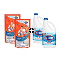 COMBO: 2 Lejía Clorox Tradicional 2 Kg + 2 Mr Musculo Baño Doy Pack 500 Ml