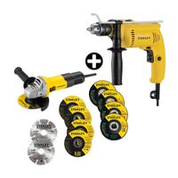 Taladro 1/2 + Esmeril 4 1/2 + 8 Discos Abrasivos + 2 Discos Diamantados Sdh600-k15 Stanley