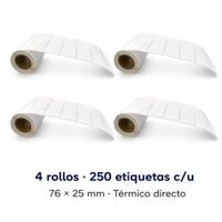 4 rollos de 250 etiquetas adhesivas 76x25mm térmico directo blanco TD 3x1""