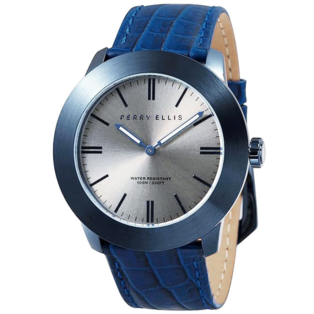 Reloj Perry Ellis Slim Line 46 03005-01 Correa de Cuero Azul Dial Plateado