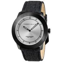 Reloj Perry Ellis New Slim Line 11004-05 Correa de Cuero y Denim Negro Dial Plateado