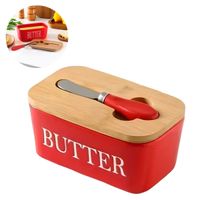 Mantequillera de Cerámica con Tapa de Bambú y Cuchillo Rojo