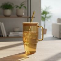 Taza de Vidrio Tornasol con Tapa de Bambú y Sorbete Praga