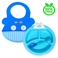 Pack Babero Ballena y Set Plato Termico Celeste para bebe